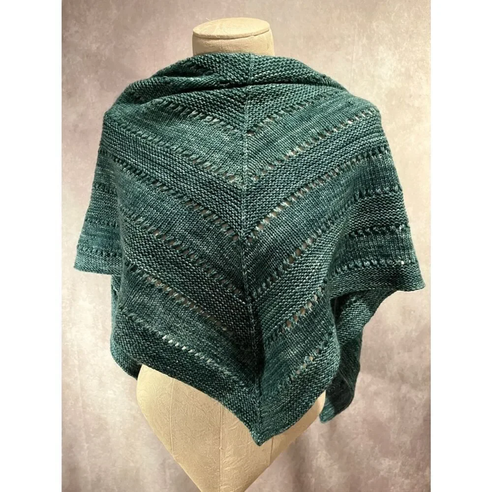 Handknit Teal Triangle Shawl Scarf eyelet knit wool blend